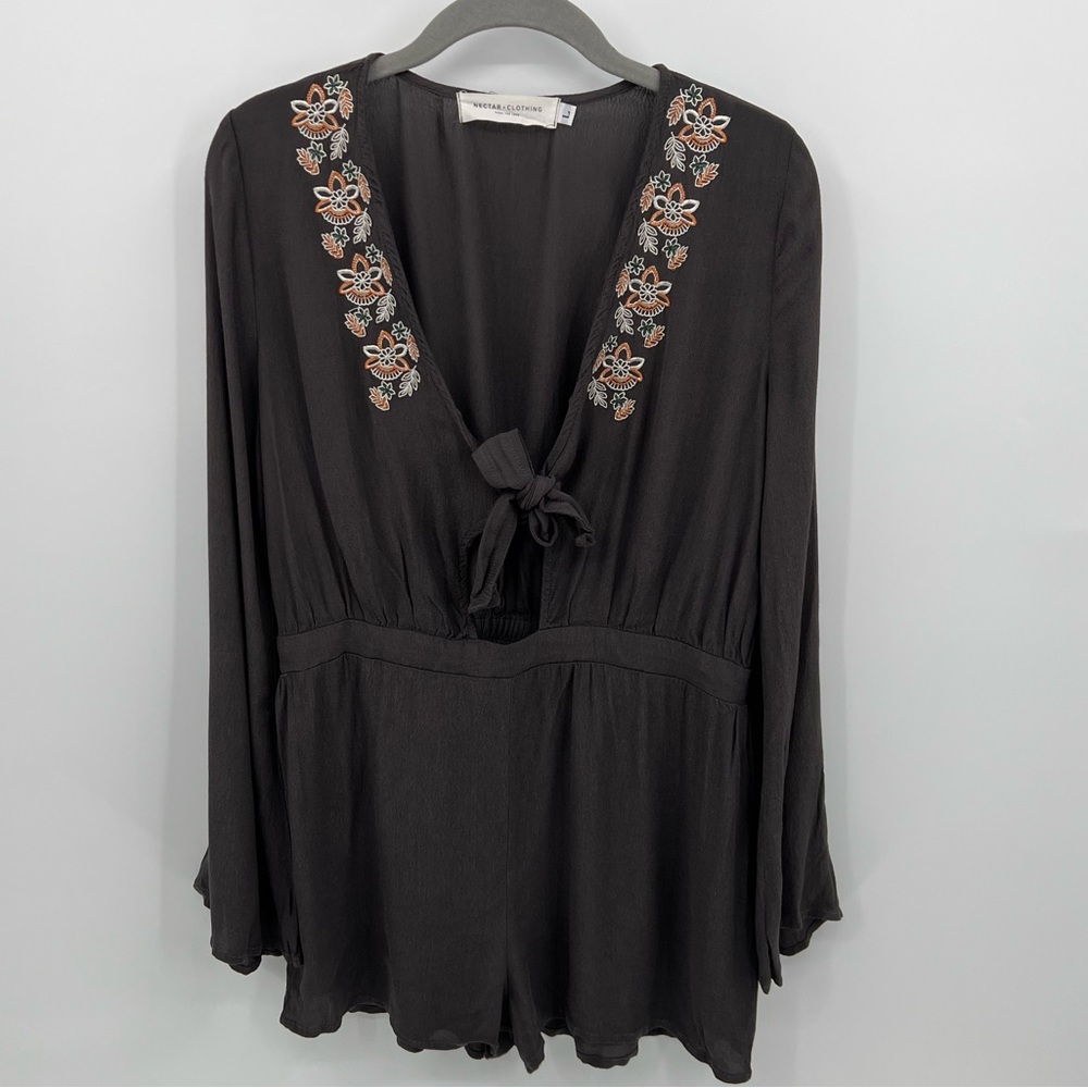 Nectar Clothing gray embroidered cut out romper